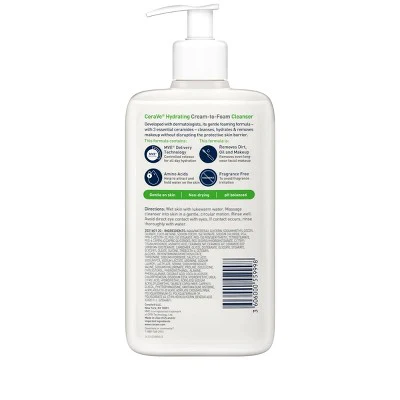 CeraVe Hydrating Cream-to-Foam Face Wash with Hyaluronic Acid 12 fl oz - New - Image 2