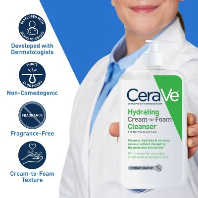 CeraVe Hydrating Cream-to-Foam Face Wash with Hyaluronic Acid 12 fl oz - New - Image 6