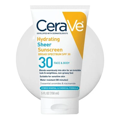 CeraVe Hydrating Sheer Sunscreen Lotion Face and Body SPF30 5oz - Imperfect Container - Image 2