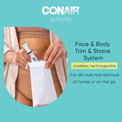 Conair Girlbomb Wet and Dry Cordless Rechargeable Face Shaver with Nose, Ear, Eyebrow and Bikini Trimmer Attachments Set 6pc - New - Image 4
