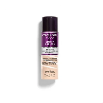 COVERGIRL + Olay Simply Ageless 3-in-1 Liquid Foundation with Hyaluronic Complex + Vitamin C 220 Creamy Natural 1 fl oz - Imperfect Container