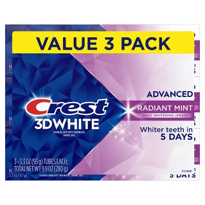 Crest 3D White Advanced Teeth Whitening Toothpaste Radiant Mint 3.3oz/3pk - Missing Box - Image 2
