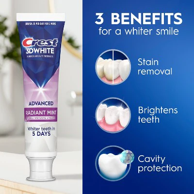 Crest 3D White Advanced Teeth Whitening Toothpaste Radiant Mint 3.3oz/3pk - Missing Box - Image 5