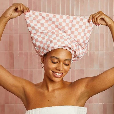Kitsch Satin Lined Flexi Shower Cap Terracotta Checker - Imperfect Box - Image 2