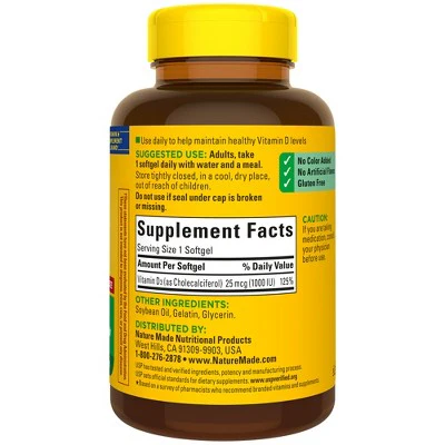 Nature Made Vitamin D3 1000 IU (25 mcg), Bone Health and Immune Support Softgel 300ct - New - Image 2