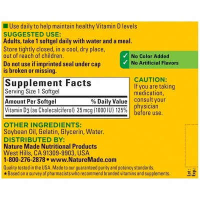 Nature Made Vitamin D3 1000 IU (25 mcg), Bone Health and Immune Support Softgel 300ct - New - Image 3